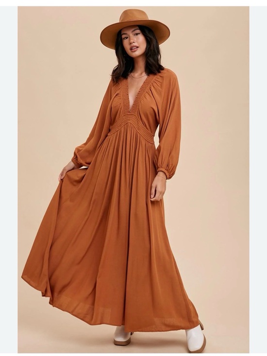 in loom Dresses & Skirts - Women's V-Neck Long Sleeve Maxi Dress in Rust Sz M BoHo